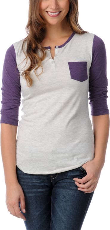 Zine Girls Henley Oatmeal & Purple Baseball Tee Shirt