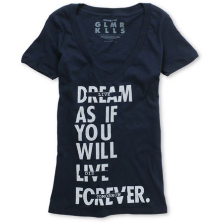 Glamour Kills Live Forever Tomorrow Blue V-Neck Tee Shirt