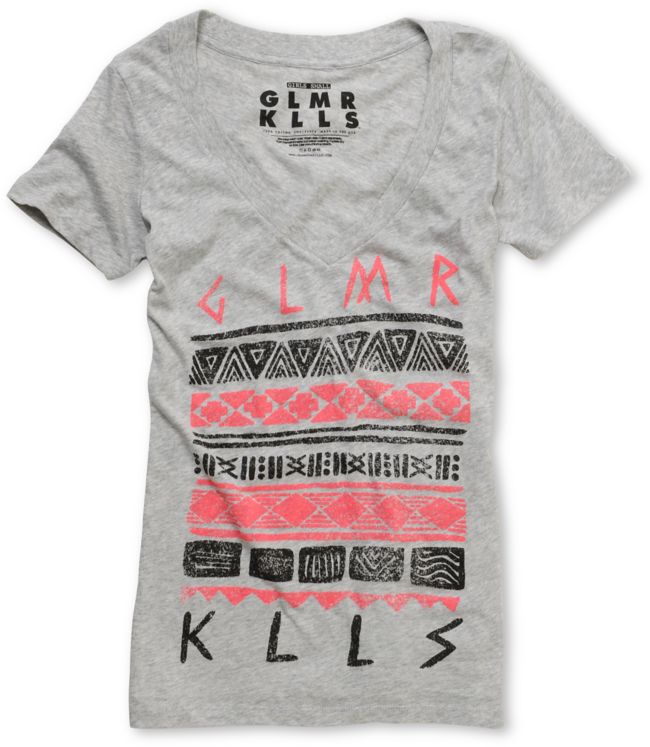 Glamour Kills Aztec Guide Light Heather Grey V-Neck Tee Shirt