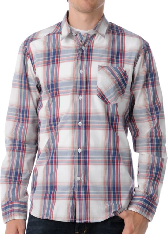 Volcom Ex Factor Blue & Red Plaid Long Sleeve Button Up Shirt