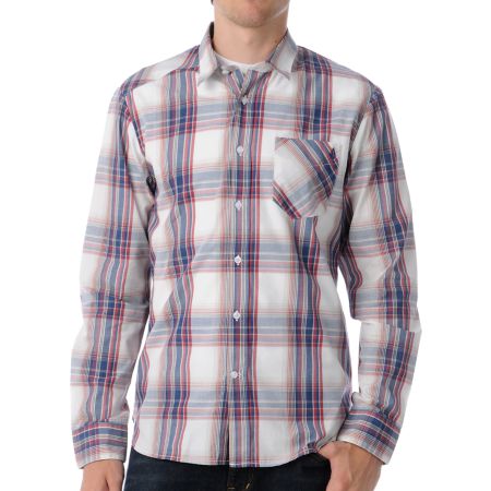 Volcom Ex Factor Blue & Red Plaid Long Sleeve Button Up Shirt