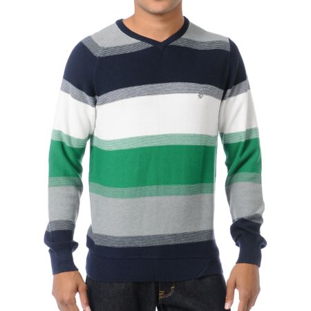 Volcom Standard Blue & Green Striped V-Neck Sweater