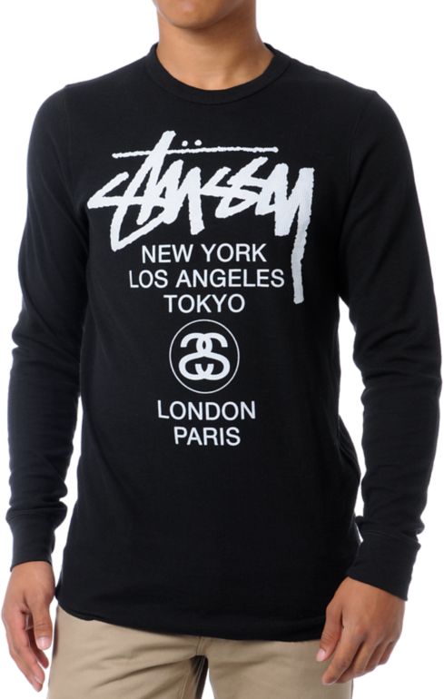 Stussy World Tour Black Long Sleeve Thermal Shirt