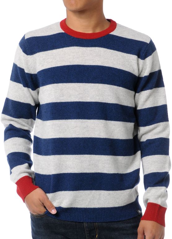 Stussy Fat Stripe 2 Red, White & Blue Crew Neck Sweater
