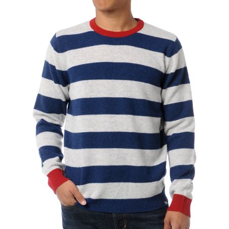Stussy Fat Stripe 2 Red, White & Blue Crew Neck Sweater