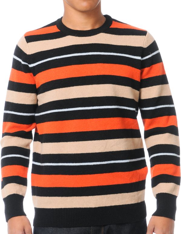 Stussy Country Stripe Black & Orange & Tan Crew Neck Sweater