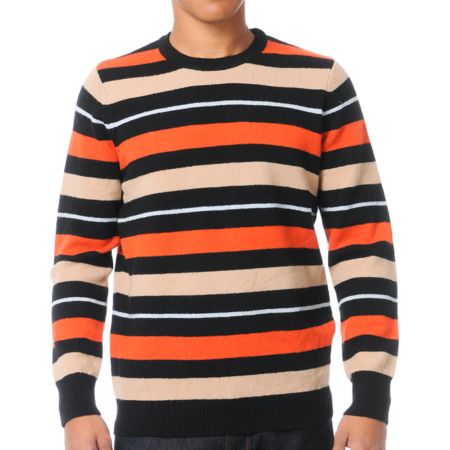 Stussy Country Stripe Black & Orange & Tan Crew Neck Sweater
