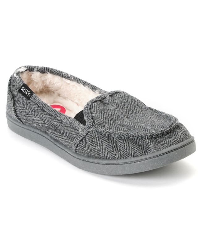 Roxy Lido Black & Grey Herringbone Wool Slippers