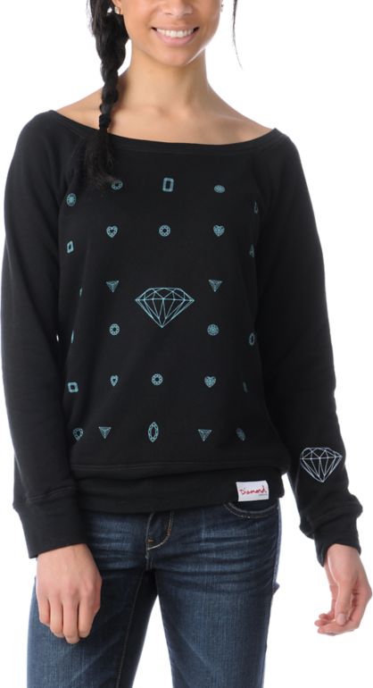 Diamond Supply Many Diamonds Girls Black Crew Neck Sweatshirt