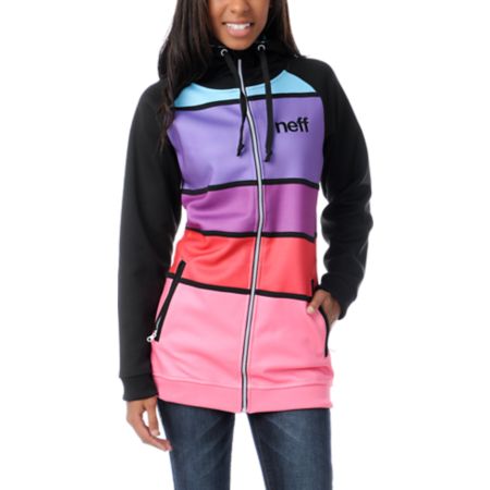 Neff Girls Lucky Black & Multi-Color Stripe Tech Fleece Jacket