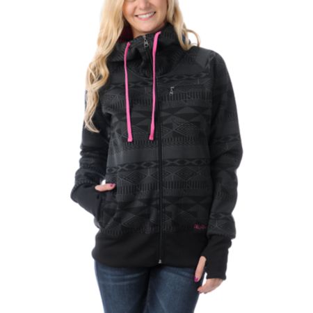 Billabong Girls Little Bit Black & Pink Full Zip Tech Fleece Jacket
