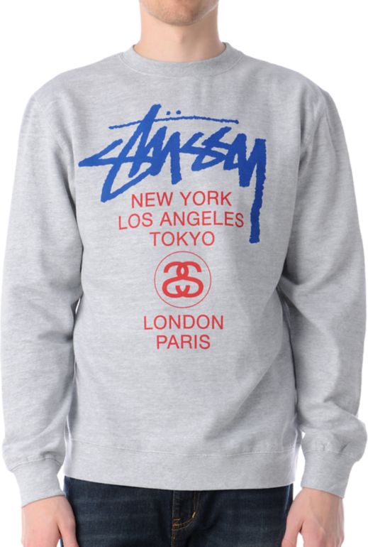 Stussy World Tour Heather Grey Crew Neck Sweatshirt