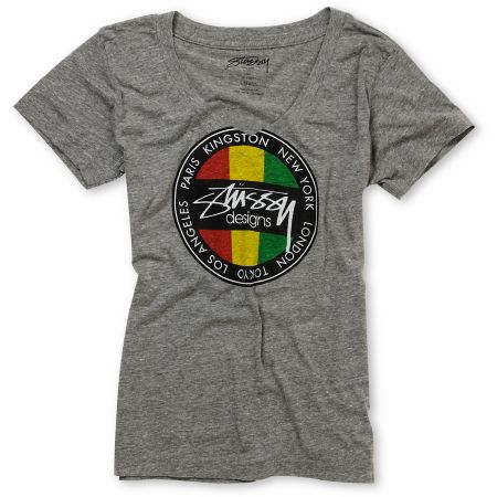 Stussy Girls Kingston Dot Rasta & Heather Grey V-Neck Tee Shirt