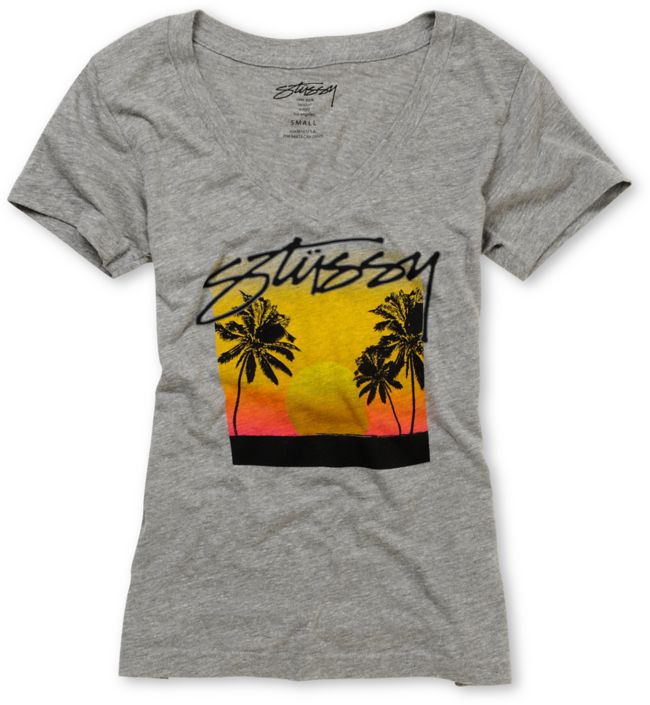 Stussy Girls Sunset Heather Grey V-Neck Tee