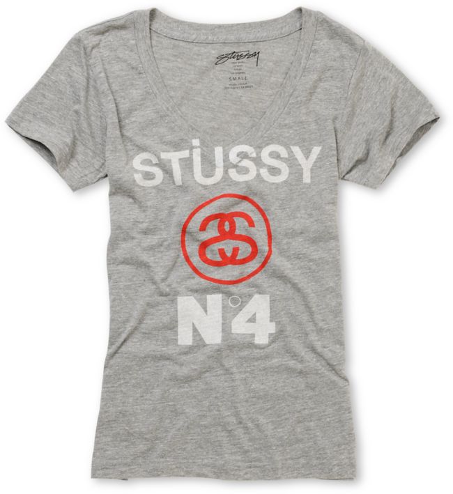 Stussy Girls No.4 Heather Grey V-Neck Tee