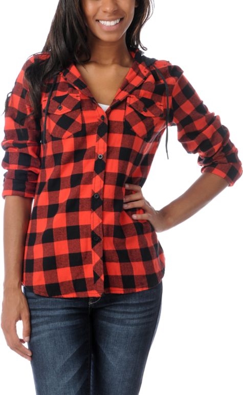 Empyre Girls Conifer Red Buffalo Plaid Hooded Flannel Shirt