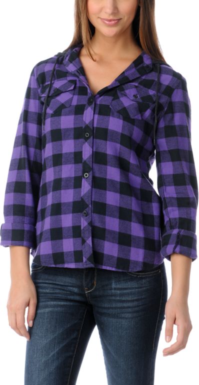 Empyre Girls Conifer Purple Buffalo Plaid Hooded Flannel Shirt