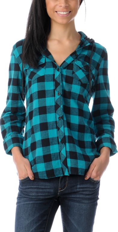 Empyre Girls Conifer Teal Buffalo Plaid Hooded Flannel Shirt