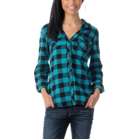 Empyre Girls Conifer Teal Buffalo Plaid Hooded Flannel Shirt