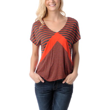 Empyre Girls Roslyn Fire Red & Charcoal Stripe Tee Shirt