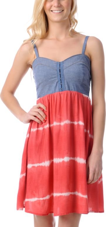 Love, Fire Coral Tie Dye Eyehook Bodice Dress