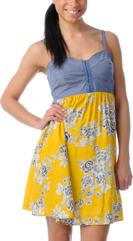Love, Fire Yellow Floral Eyehook Bodice Dress