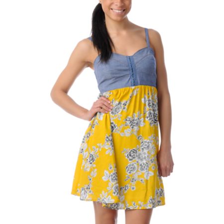 Love, Fire Yellow Floral Eyehook Bodice Dress