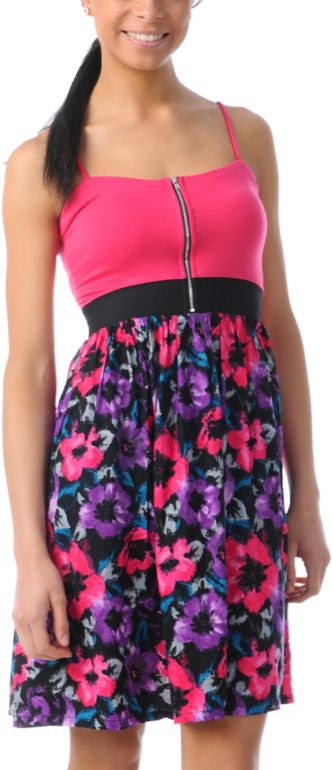 Love, Fire Pink & Black Floral Zipper Dress