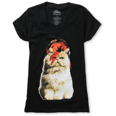 A-lab Girls Lightning Cat Black V-Neck Tee Shirt