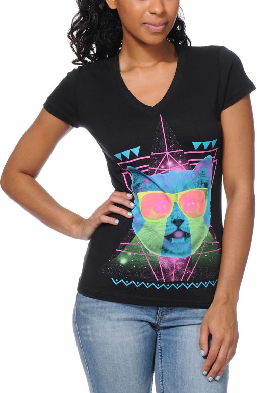 A-Lab Girls Techno Cat Black V-Neck Tee Shirt