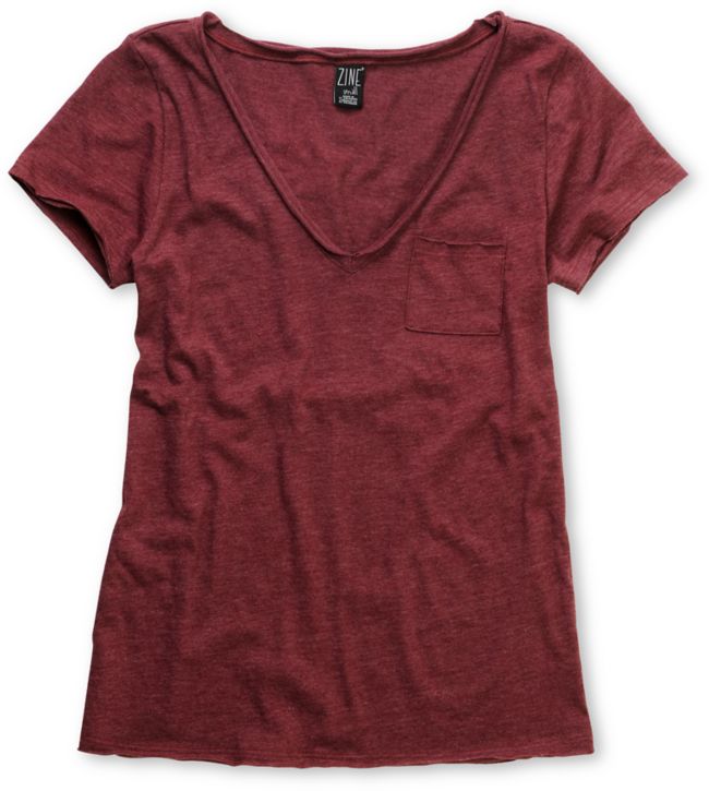 Zine Girls Burgundy Red Raw Edge V-Neck Tee Shirt