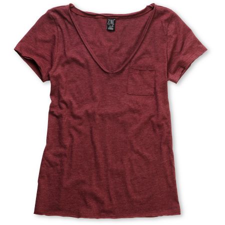 Zine Girls Burgundy Red Raw Edge V-Neck Tee Shirt