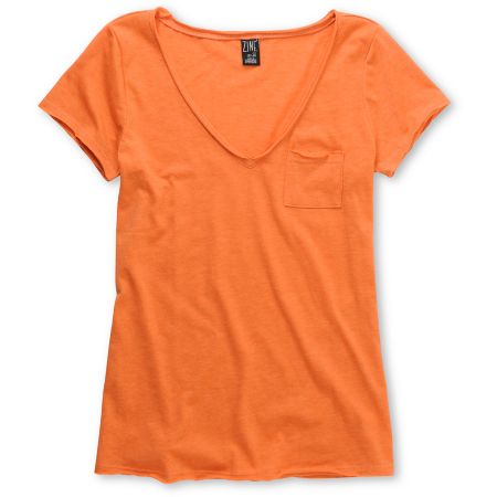 Zine Girls Orange Raw Edge V-Neck Tee Shirt