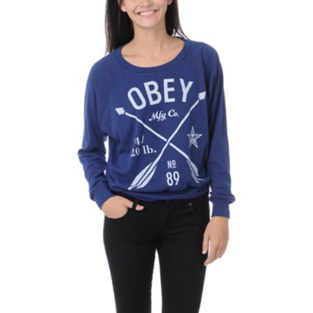 Obey Girls Crossed Arrows Blue Raglan Top