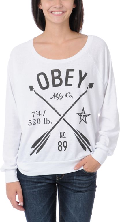 Obey Girls Crossed Arrows White Raglan Top