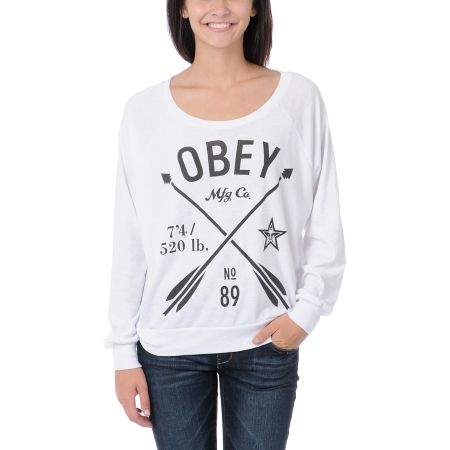 Obey Girls Crossed Arrows White Raglan Top