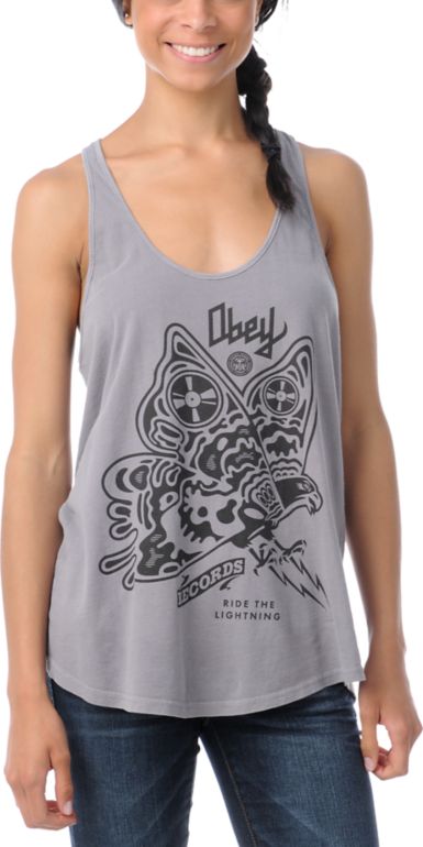 Obey Girls Ride The Butterfly Grey Racerback Tank Top