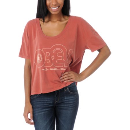 Obey Girls Voices Records Rust Red Vintage Crop Tee Shirt