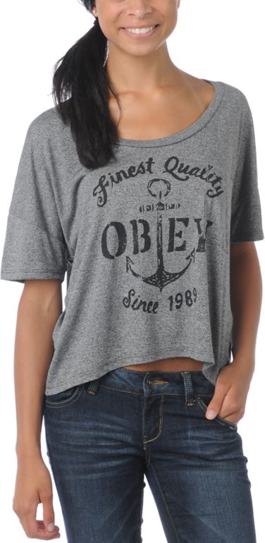 Obey Girls Finest Anchor Hearther Grey Gym Tee Shirt