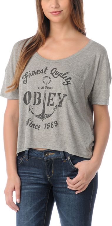 Obey Girls Finest Anchor Hearther Green Gym Tee Shirt