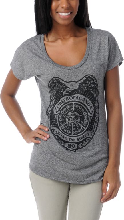 Obey Girls Serving Streets Grey Mock Twist Tee Shirt