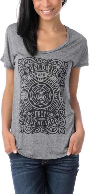 Obey Girls Front The Ground Up Mock Twist Grey Tee Shirt