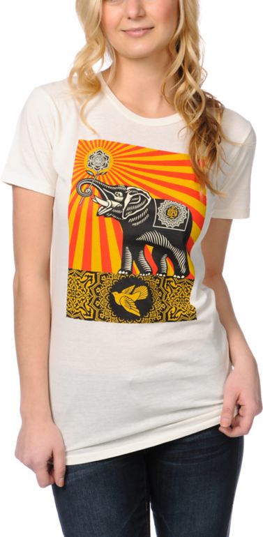 Obey Girls Peace Elephant Ivory White Tee Shirt
