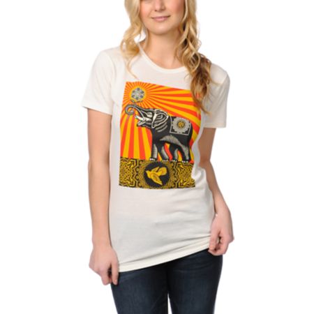 Obey Girls Peace Elephant Ivory White Tee Shirt