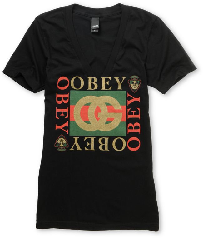 Obey Girls Knockoff Black V Neck Tee