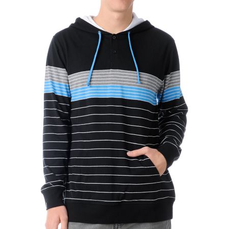Empyre Pong Black & Blue Stripe Knit Henley Hoodie