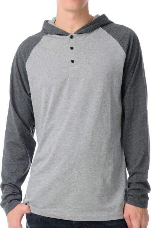 Dravus Defense Grey Hooded Henley Baseball Shirt