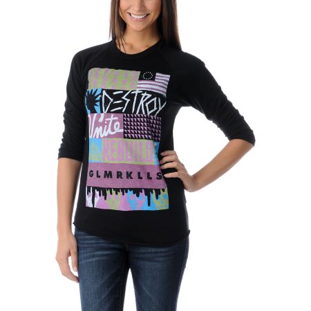 Glamour Kills Create Destroy Black Baseball Tee Shirt