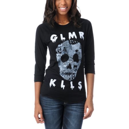 Glamour Kills Skulls Black Baseball Tee Shirt