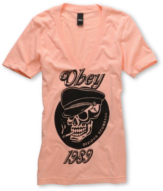 Obey Devious Scumbag Peach Deep V-Neck Tee Shirt